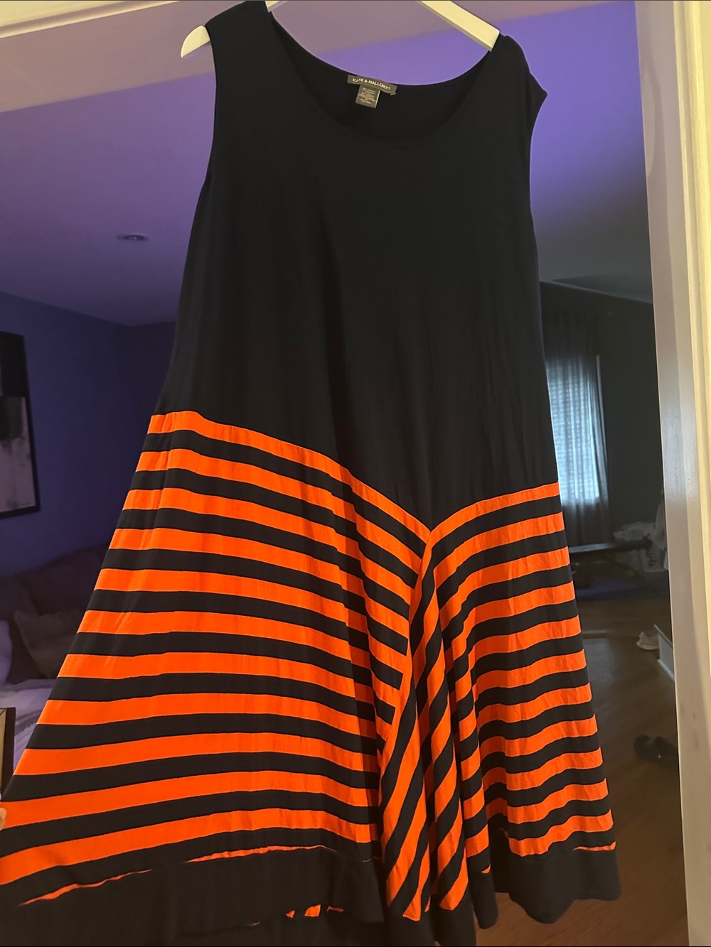 Kate & Mallory Black and Orange Asymmetrical Striped Swing Dress